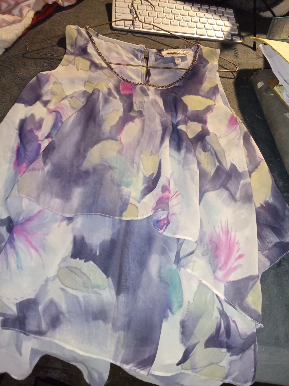 Jennifer Lopez Layered Floral Chiffon Camisole in Purple, White & Pink Accents